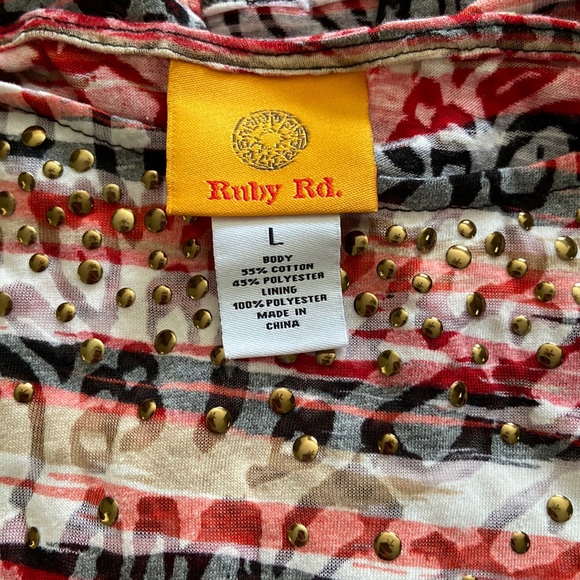 Ruby Rd. Red, white gold & black 3/4 inch sleeve top with gold embellishment - Picture 5 of 5